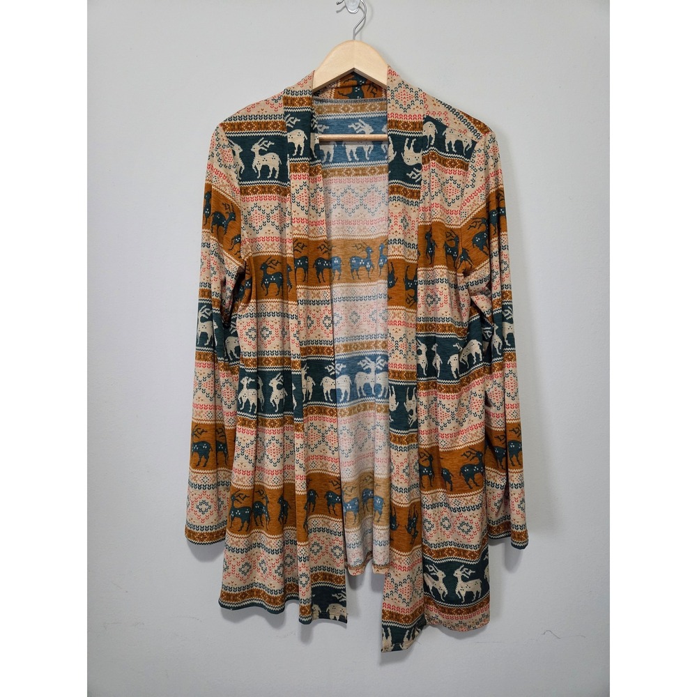 Fair Isle Reindeer Open Front Cardigan Women 1XL Mustard Teal Holiday B81746X